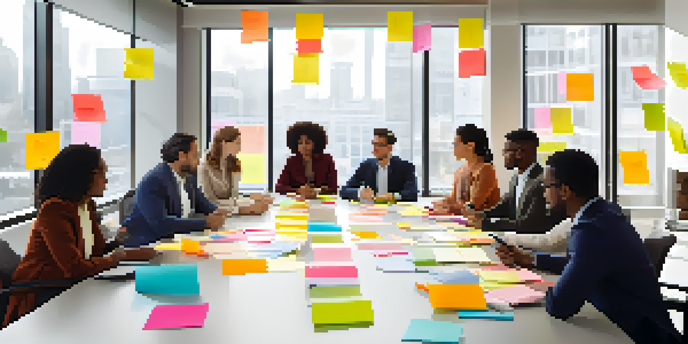 A diverse group of professionals in a brainstorming session, featuring various ethnicities and genders, with colorful sticky notes on the conference table.