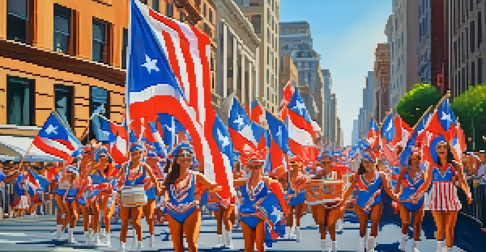 A lively street scene of the Puerto Rican Day Parade featuring colorful floats, dancers in traditional attire, and cheering crowds under bright sunlight.