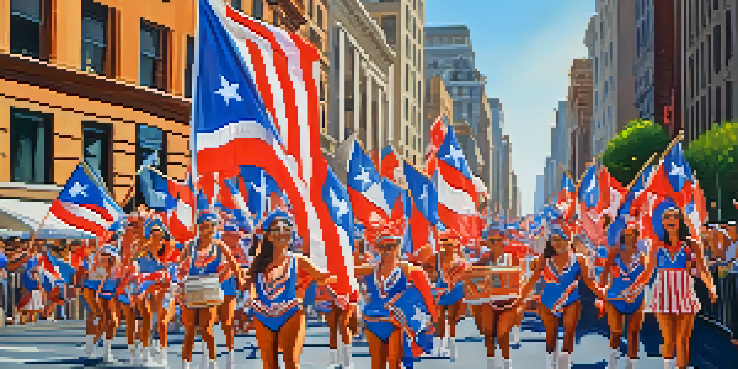 A lively street scene of the Puerto Rican Day Parade featuring colorful floats, dancers in traditional attire, and cheering crowds under bright sunlight.