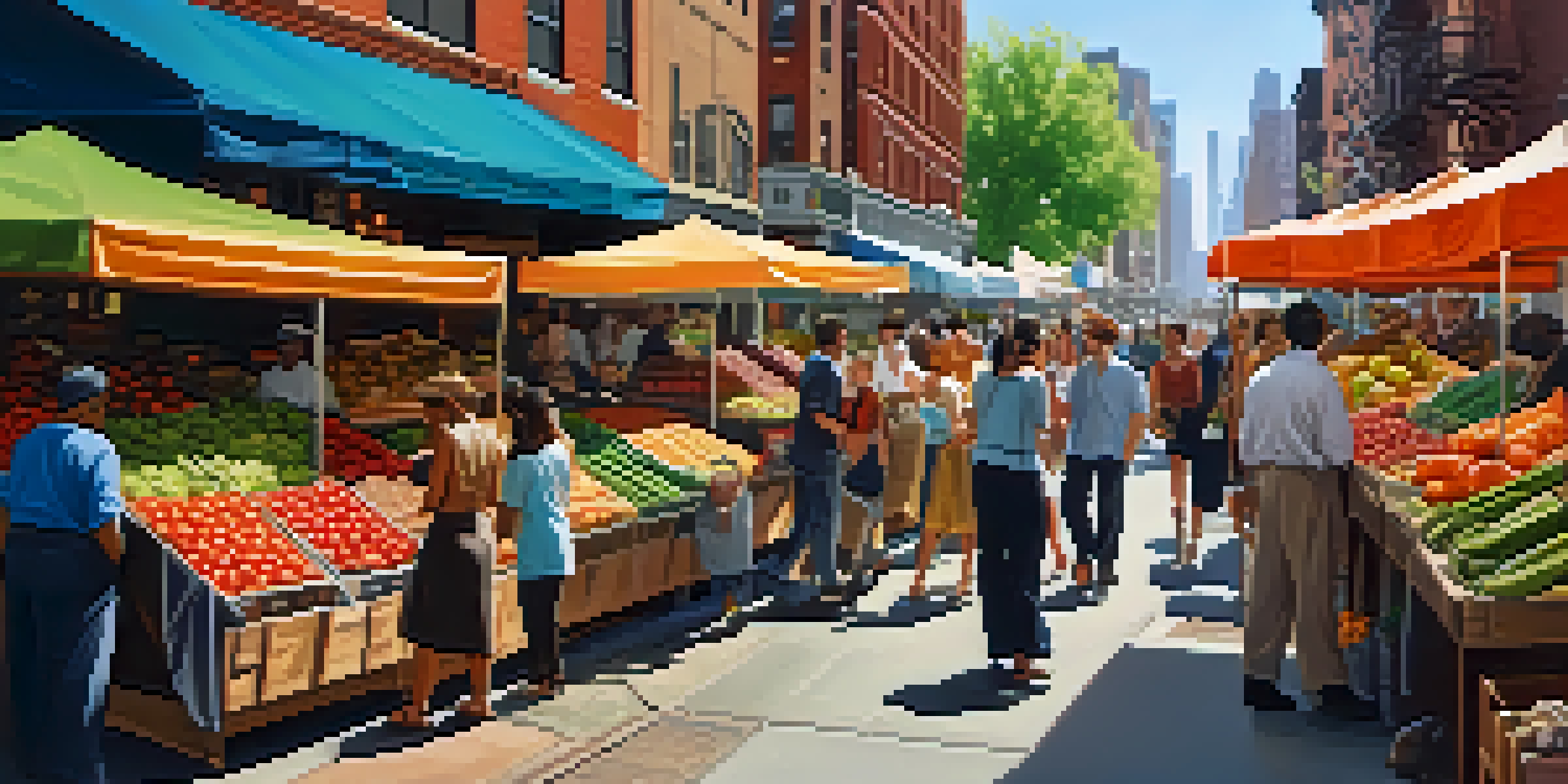 A lively market scene in New York City with diverse food stalls and people shopping.