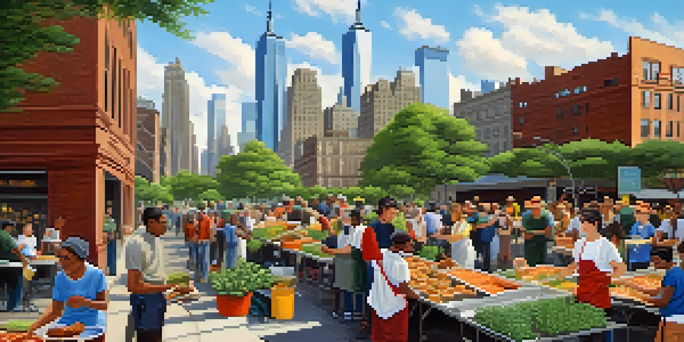 A sunny New York City street with volunteers serving food and planting trees, showcasing community engagement.