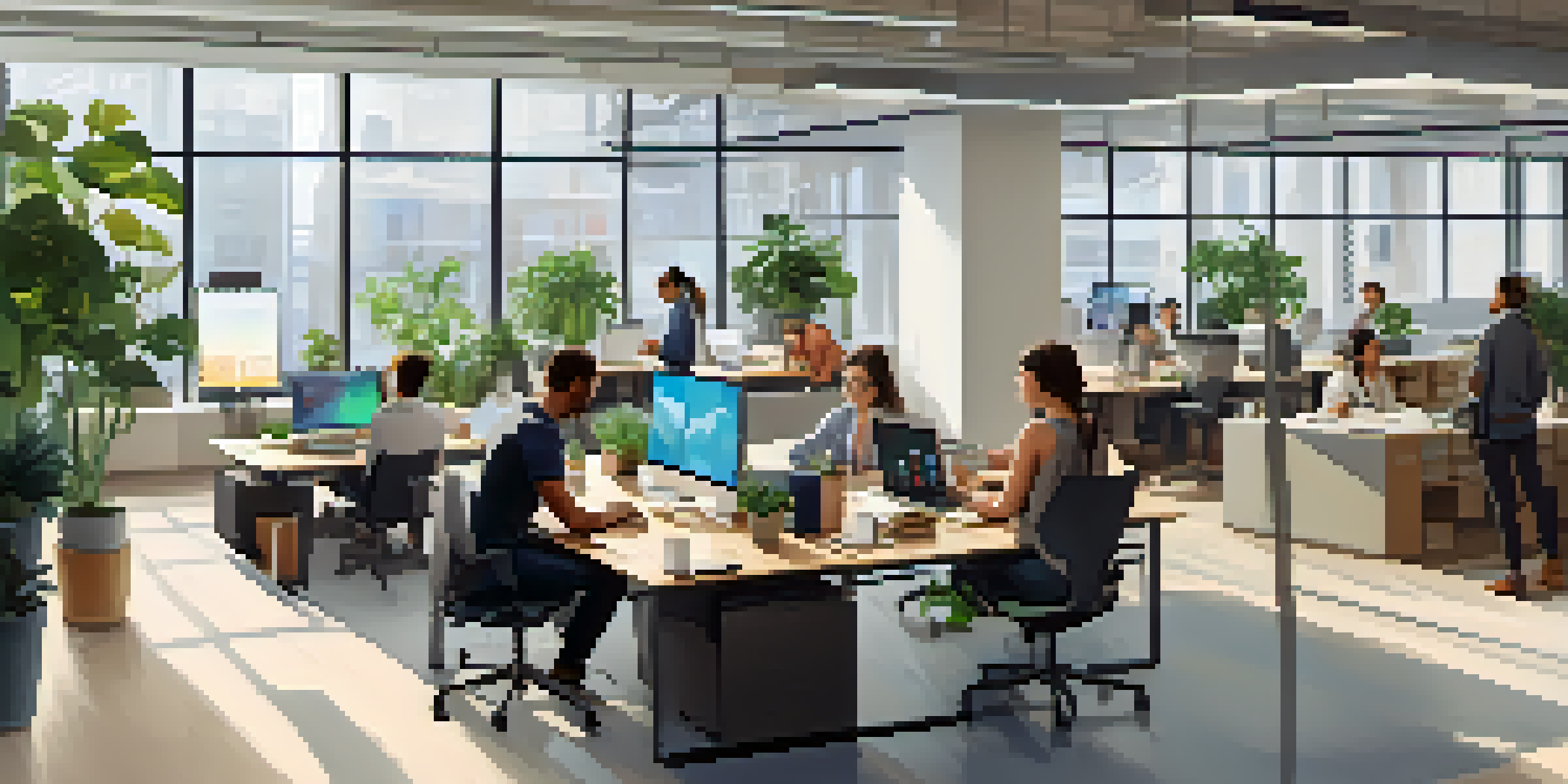 A diverse group of employees collaborating in a bright modern office with plants, showcasing a hybrid work environment.