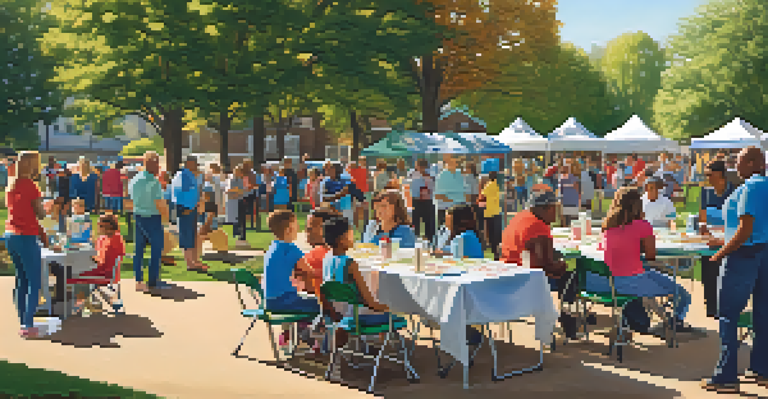 Community engagement event in a park focused on emergency preparedness, with families and volunteers participating in educational activities under warm sunlight.