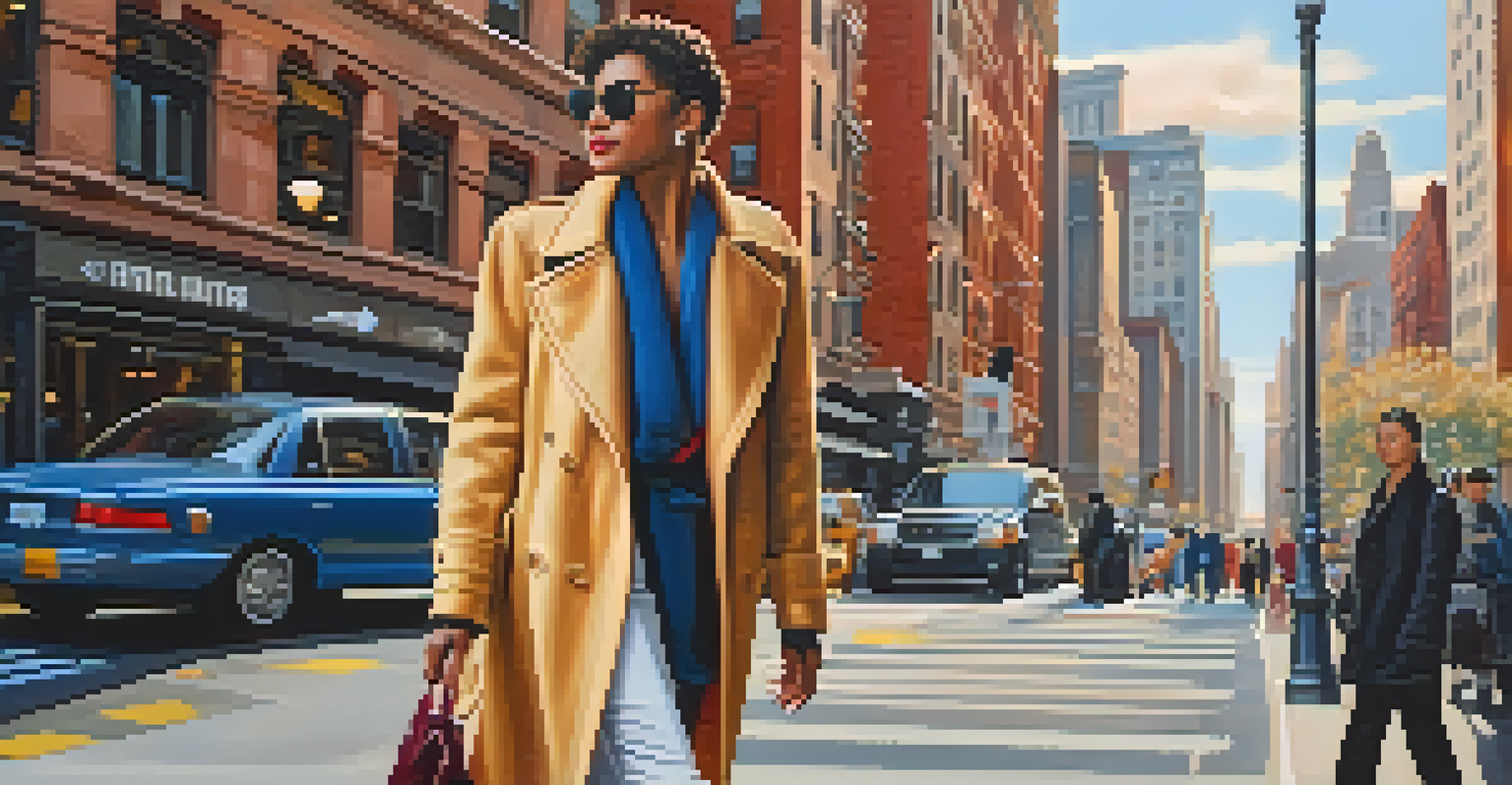 A confidently dressed person walking on a New York City sidewalk, with modern buildings and pedestrians in the background during late afternoon light.