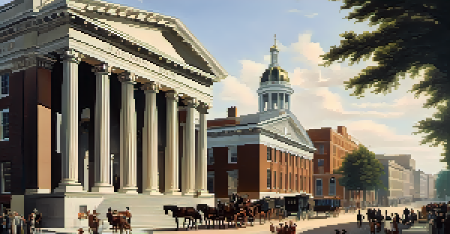 The First National Bank in 1791 is depicted with grand architecture and a bustling street scene, illustrating early American finance.