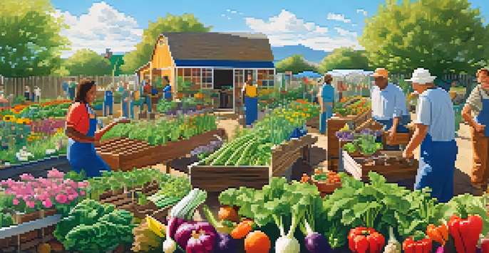 A diverse group of community members working together in a colorful garden, planting vegetables and flowers under a clear blue sky.