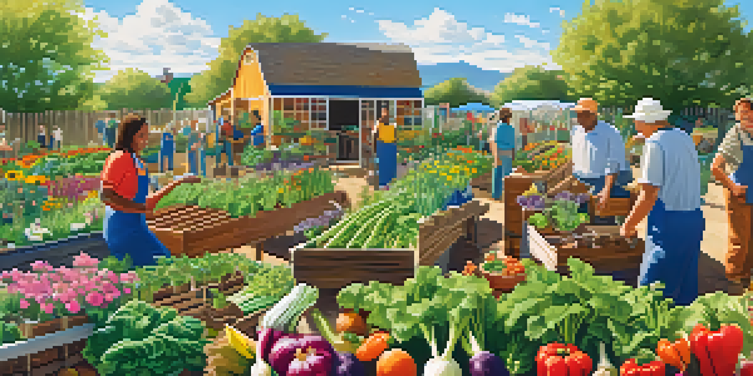 A diverse group of community members working together in a colorful garden, planting vegetables and flowers under a clear blue sky.