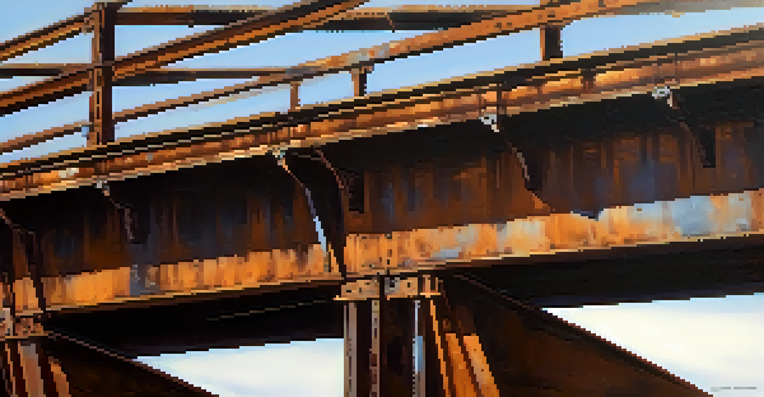 Close-up of rusting steel beams on an aging bridge, showcasing texture and detail.