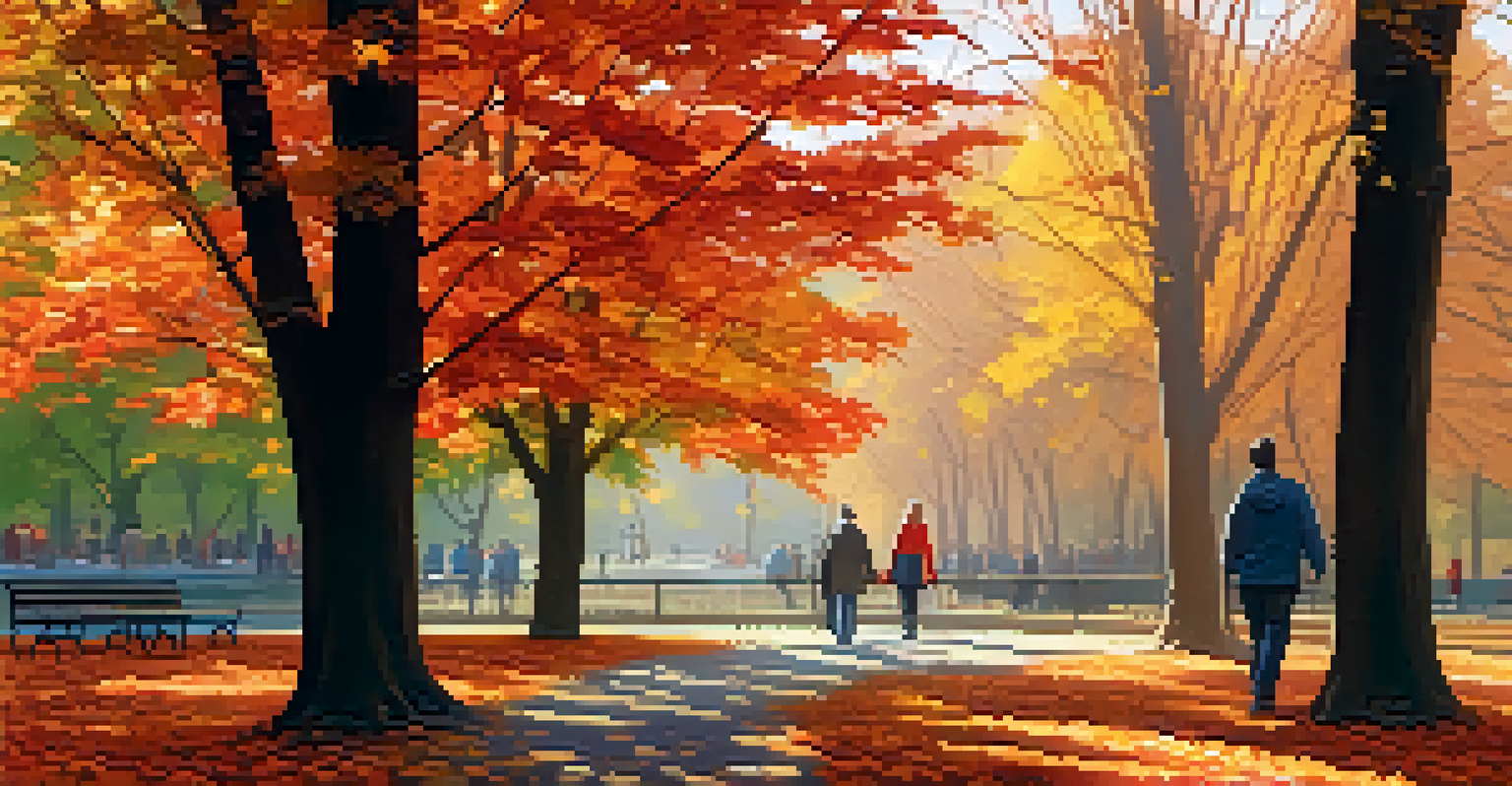 A serene autumn day in Central Park with colorful foliage and a couple walking along a leaf-covered path.