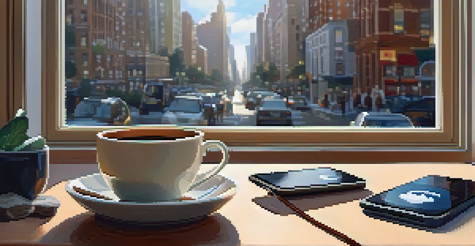 A smartphone showing a podcast episode in a cozy home setting with coffee and a notebook, highlighting the ease of listening to podcasts.