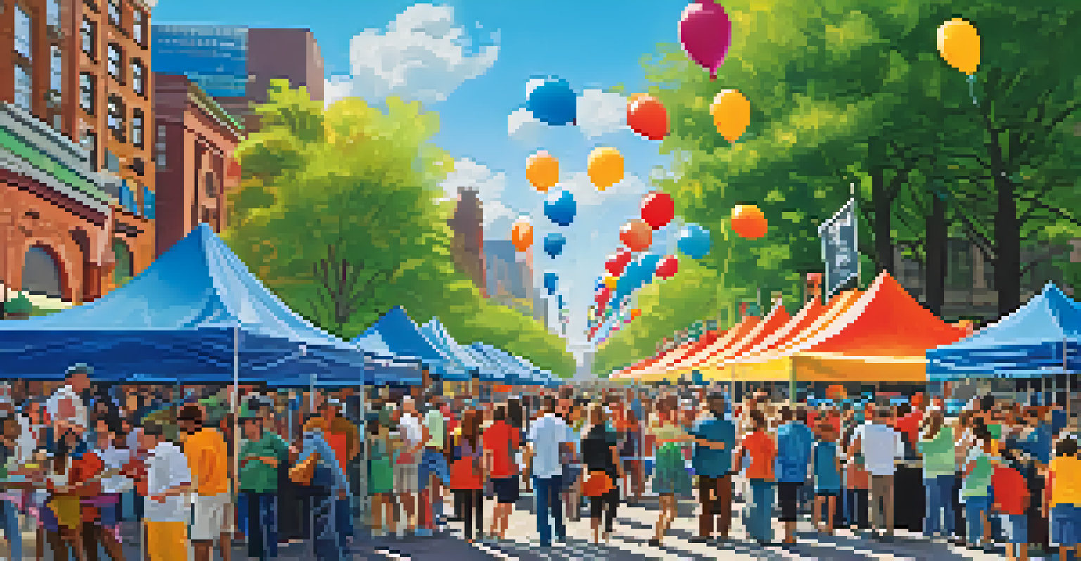 Volunteers helping at a lively festival in a New York City park, with food stalls, decorations, and happy attendees enjoying the event.