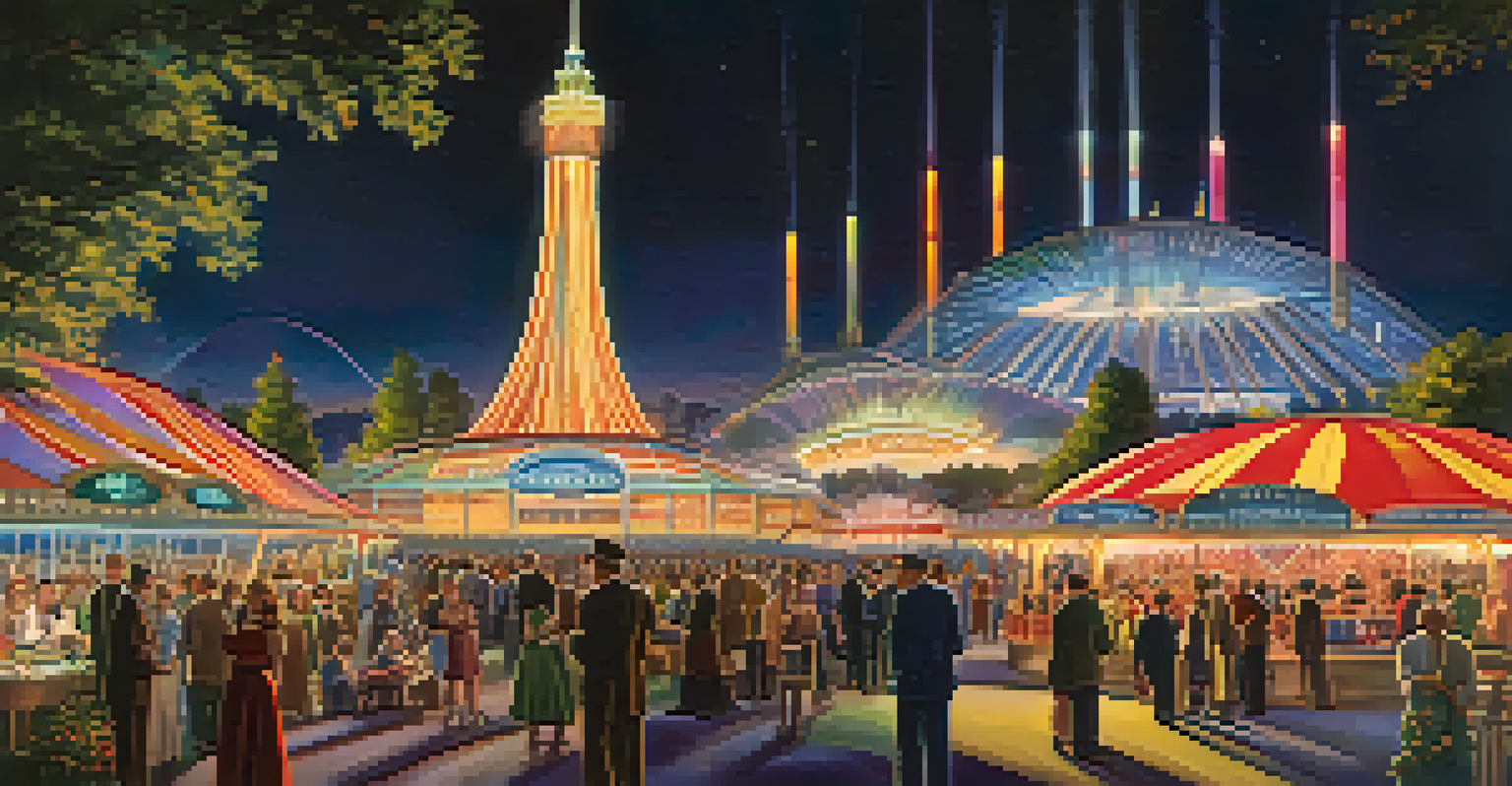 A nighttime view of the 1939 World’s Fair, filled with lights and entertainment, depicting a vibrant and innovative atmosphere.