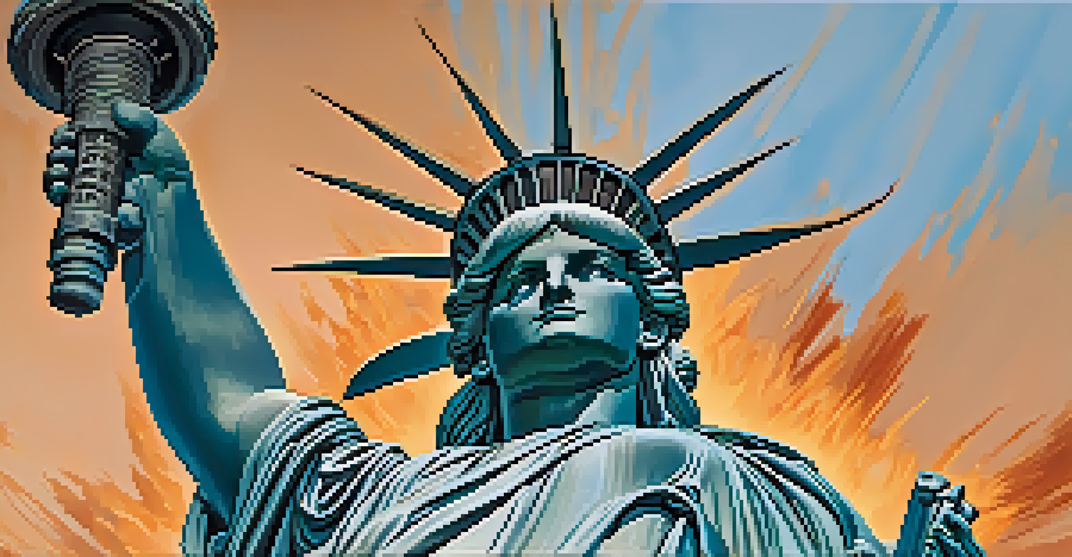 A close-up view of the Statue of Liberty's torch, highlighting the flame and details of the copper surface.