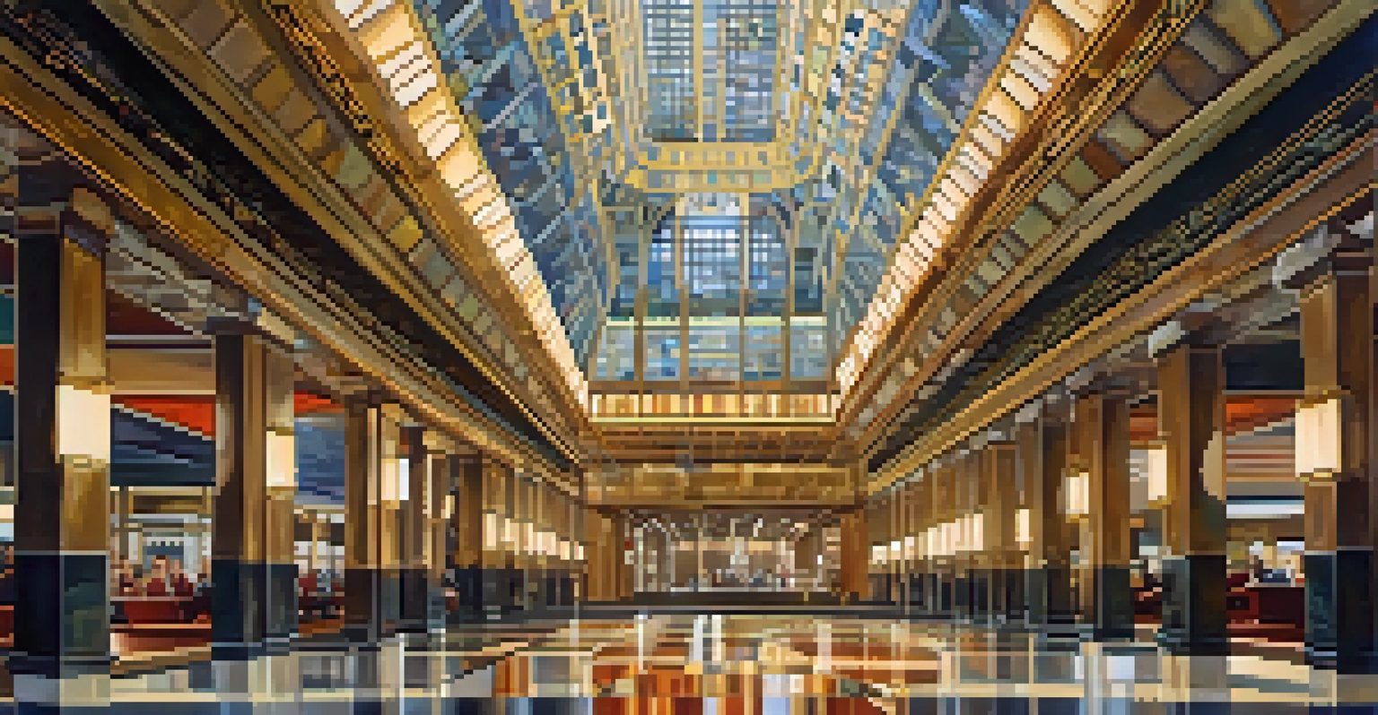A close-up of the Chrysler Building lobby, highlighting the colorful ceiling mural and Art Deco details.
