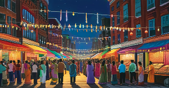 A lively street filled with people celebrating the Diwali Festival, adorned with lights and traditional decorations.
