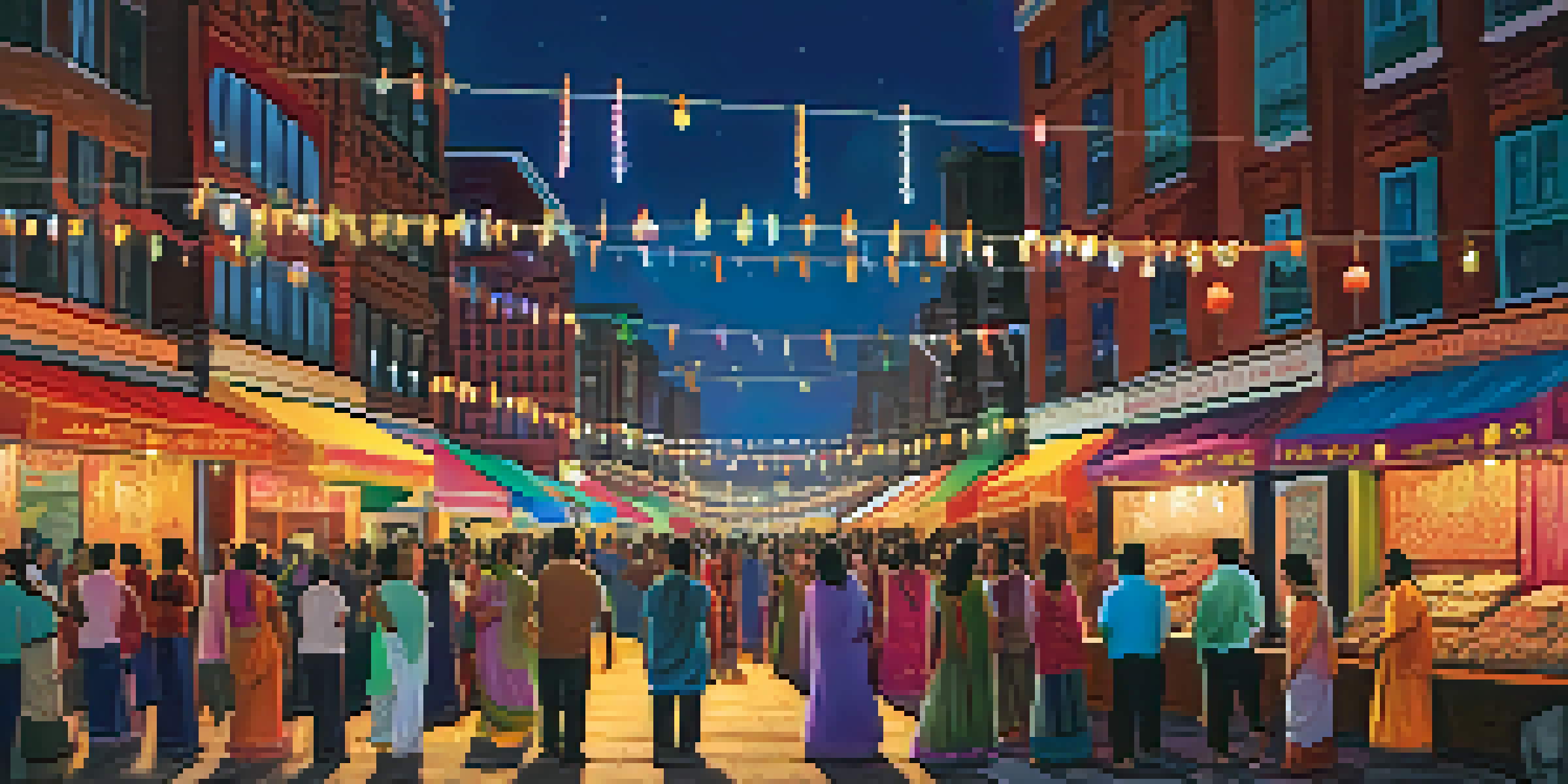 A lively street filled with people celebrating the Diwali Festival, adorned with lights and traditional decorations.