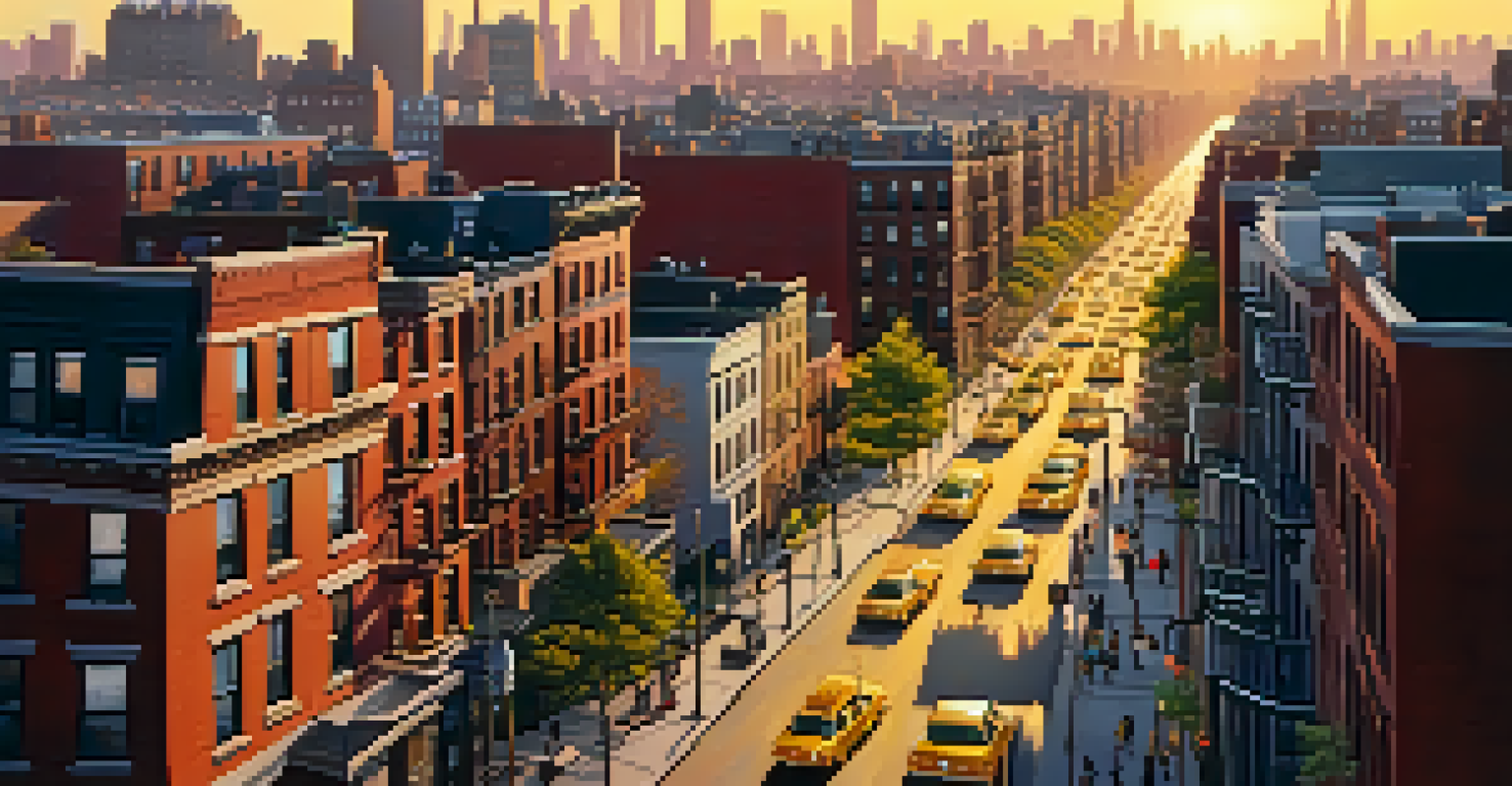 Aerial view of a lively New York City neighborhood with brownstones and modern buildings, bustling with people and taxis at sunset.