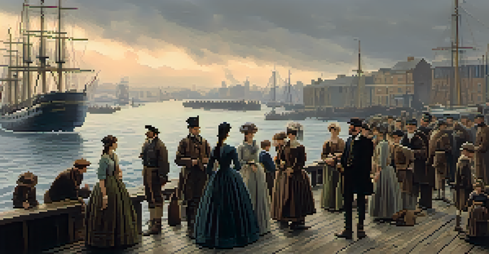 A group of Irish families at a port, preparing to board a crowded ship, wearing 19th-century clothing with expressions of hope and despair.
