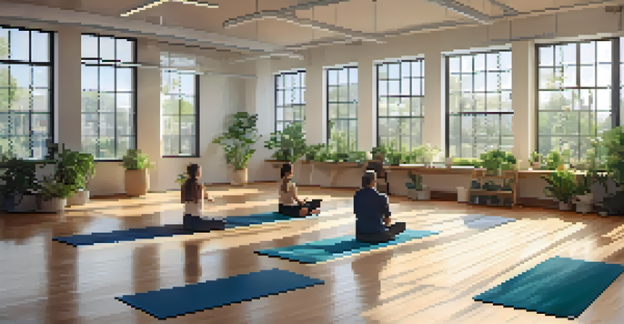 Employees practicing yoga in a bright, plant-filled office with large windows, promoting mental health and wellness.