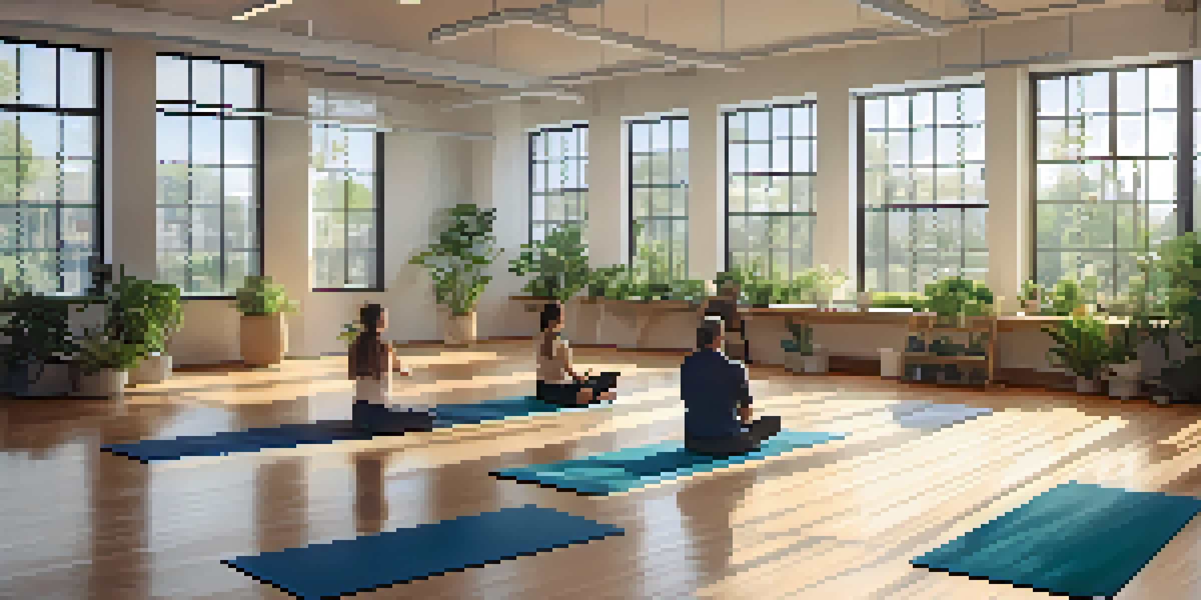 Employees practicing yoga in a bright, plant-filled office with large windows, promoting mental health and wellness.