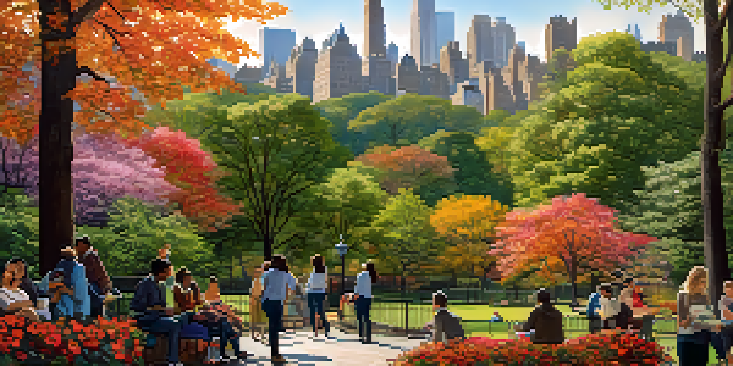 A lively Central Park scene with a peregrine falcon in a tree and a raccoon on the ground, with people and skyscrapers in the background.