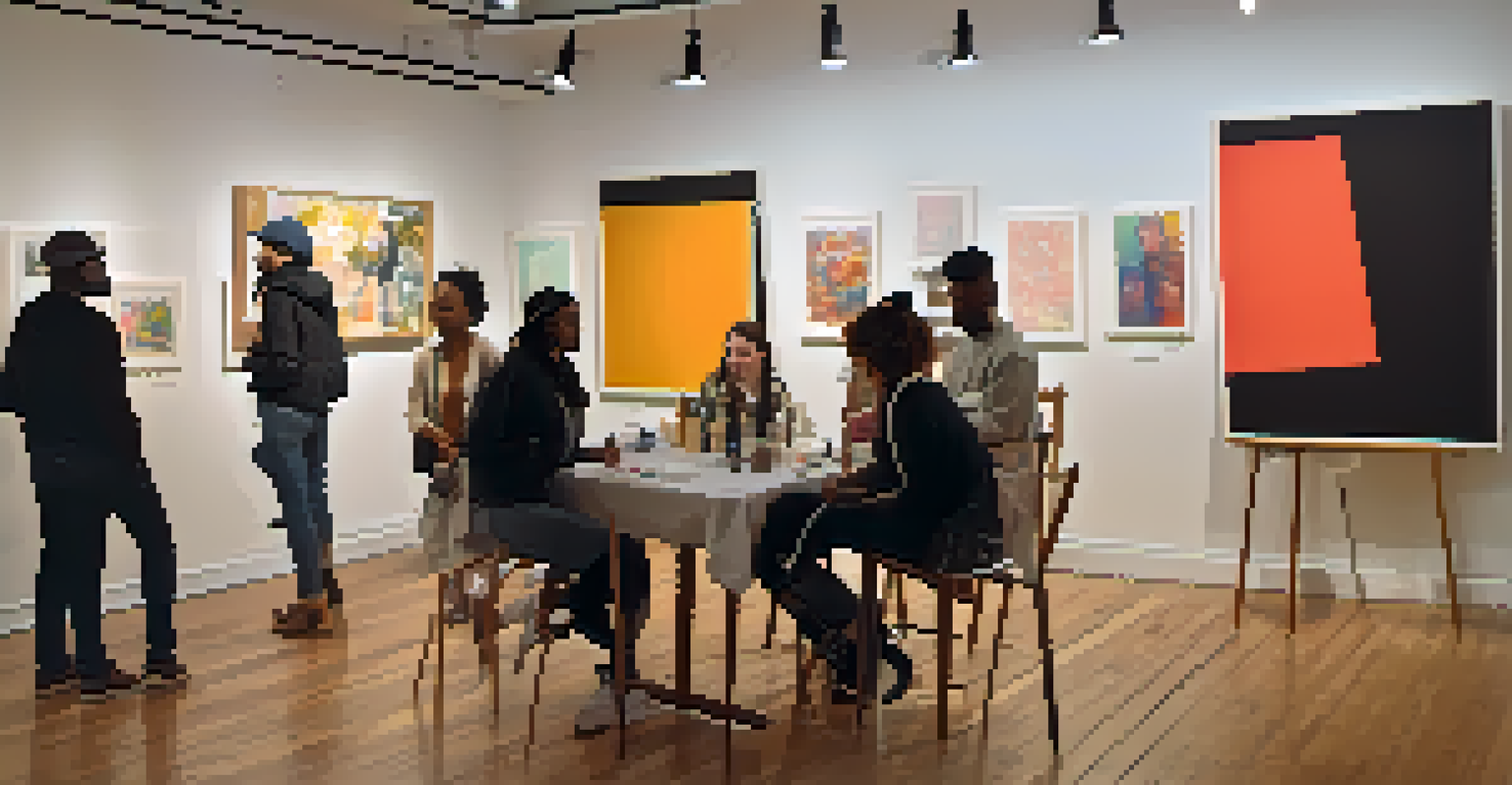 A cozy art gallery in Crown Heights, Brooklyn, where a small group of people are participating in a workshop with an artist, surrounded by colorful artworks.