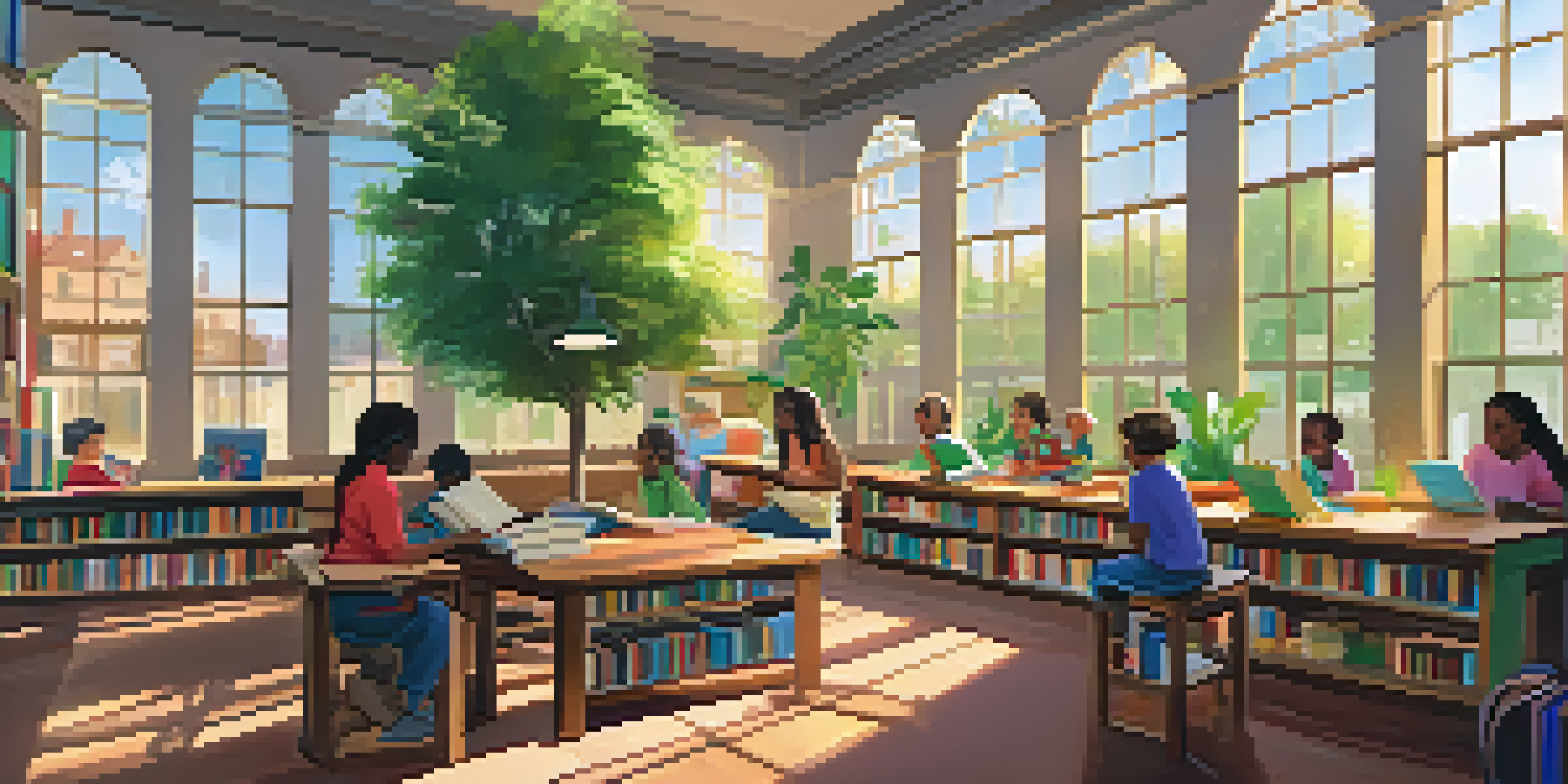 A vibrant library scene showing children and adults reading, with sunlight coming through the windows and a librarian reading to children.
