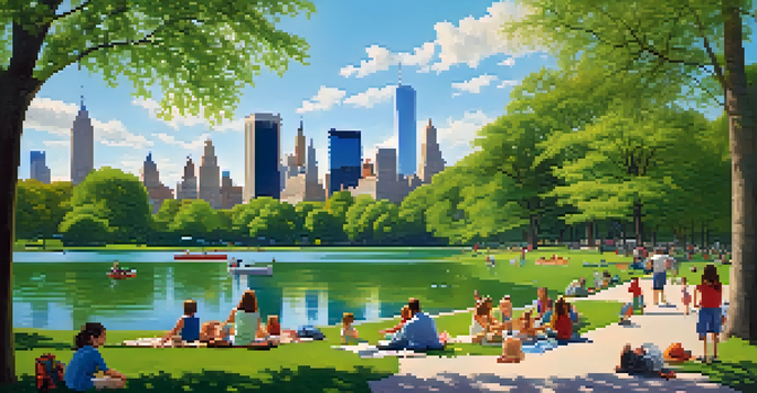 A vibrant image of Central Park showing families enjoying picnics, children playing, and rowboats on a lake with the New York City skyline in the distance.