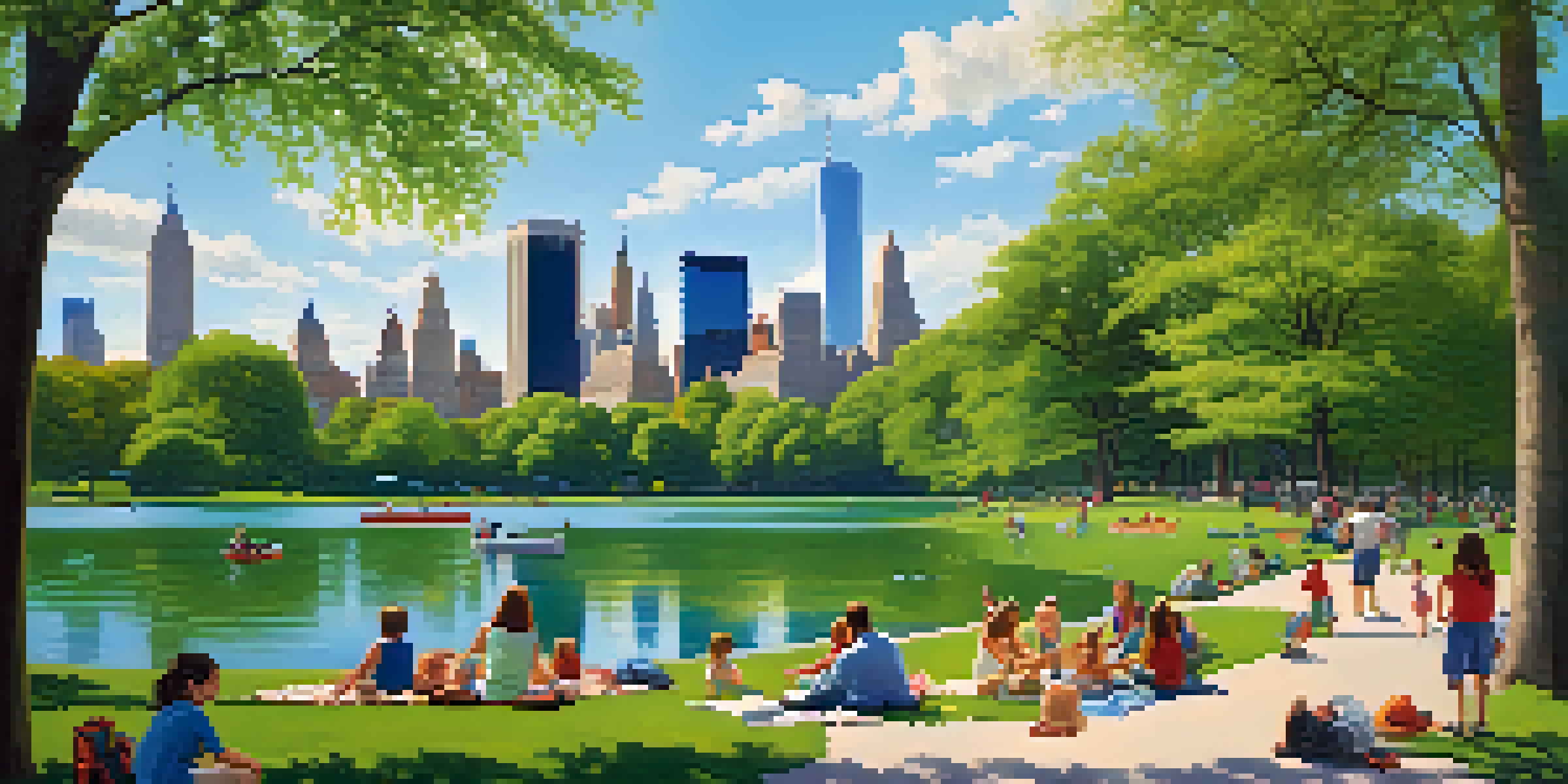 A vibrant image of Central Park showing families enjoying picnics, children playing, and rowboats on a lake with the New York City skyline in the distance.