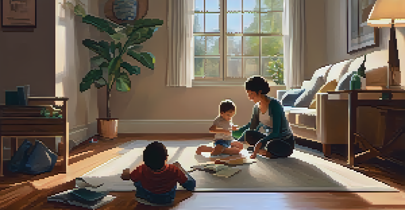A single parent working on a laptop in a cozy living room while their child plays on the floor, symbolizing the balance of family and gig work.
