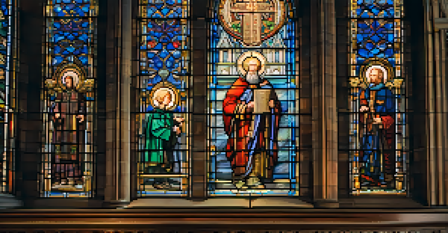 A detailed close-up of a stained glass window inside St. Patrick's Cathedral, showing vibrant colors and intricate designs.