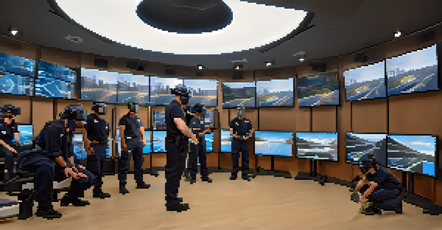 Crisis responders in New York City using virtual reality headsets during a training session, surrounded by high-tech equipment and screens.