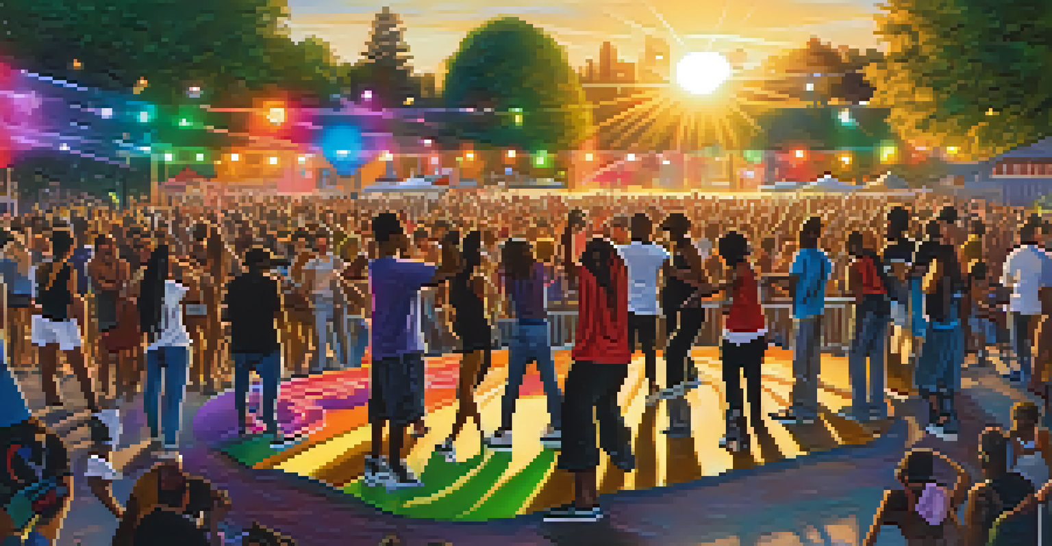 An outdoor hip-hop concert with a lively crowd dancing and performers on stage.