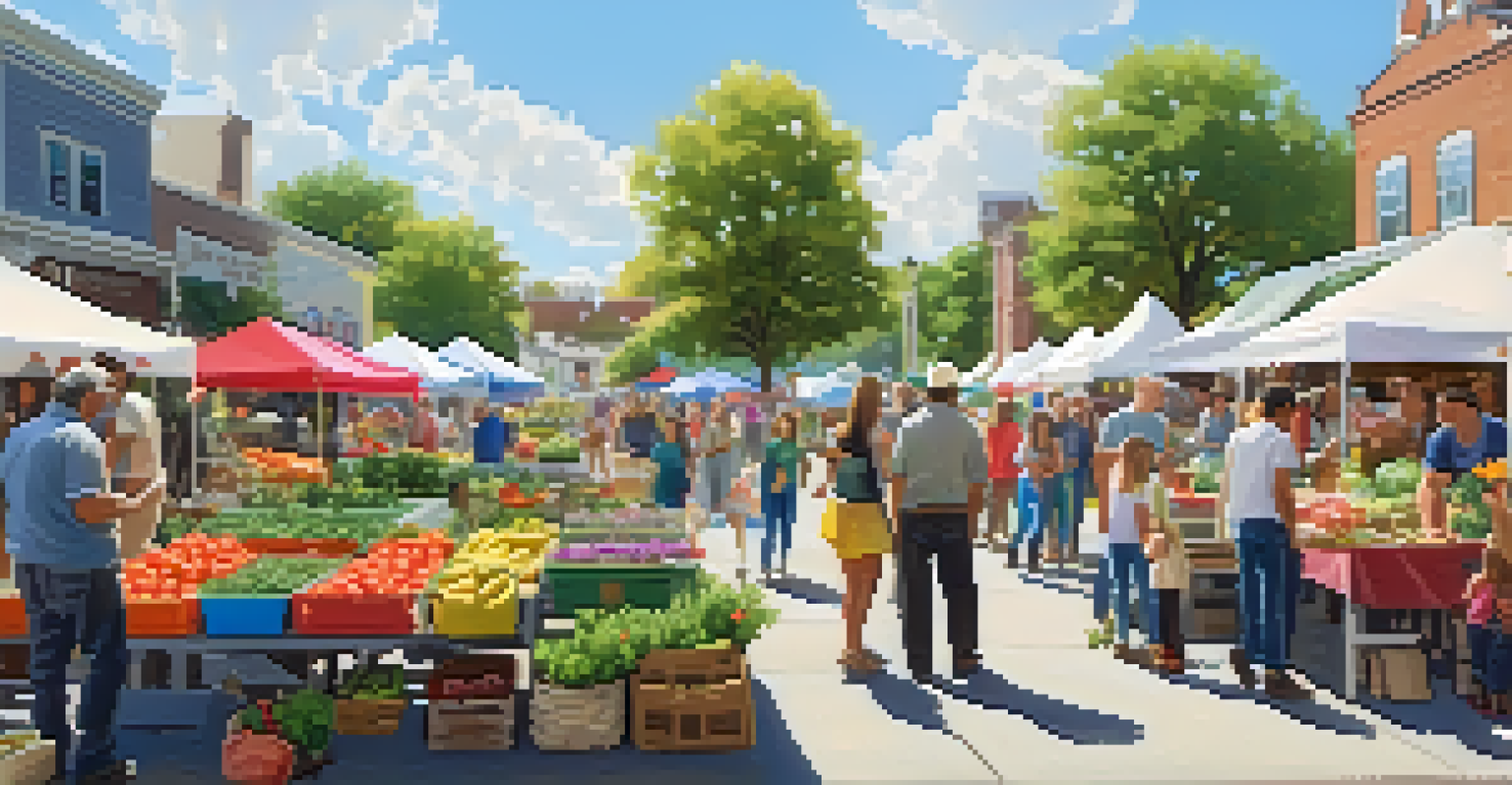 A farmers' market with local vendors and residents shopping, surrounded by flowers and greenery on a sunny day.