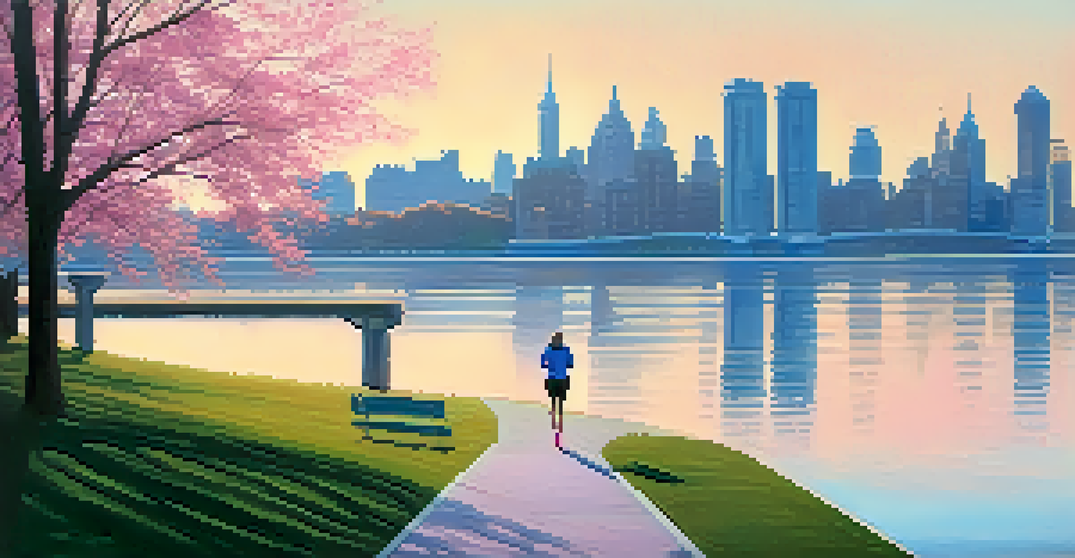 A calm waterfront path along the East River in NYC during early morning, featuring trees, benches, and a jogger, with the skyline reflected in the water.