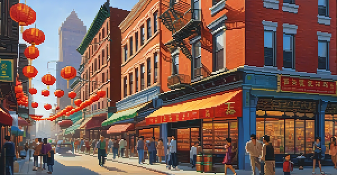 A busy street in Chinatown, New York City, filled with people and colorful storefronts decorated with lanterns.