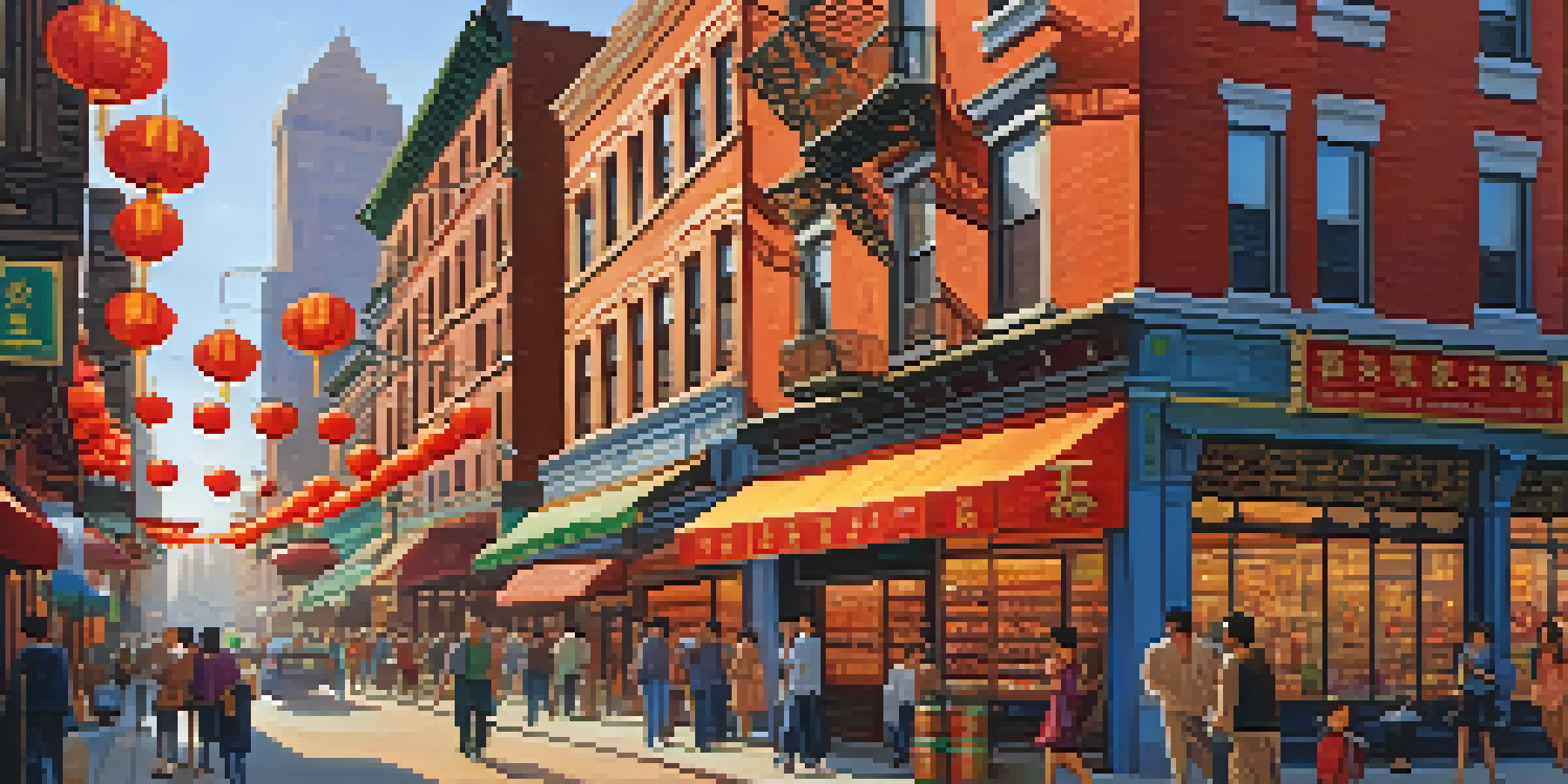 A busy street in Chinatown, New York City, filled with people and colorful storefronts decorated with lanterns.