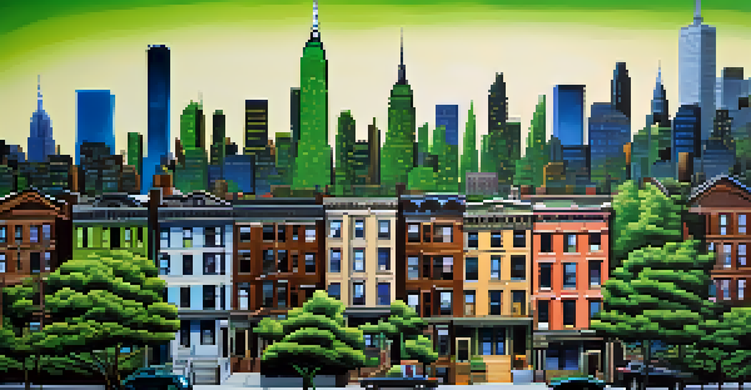 A financial graph indicating growth, set against a backdrop of New York City real estate, featuring various building styles.