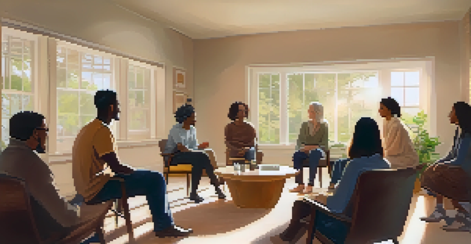 A diverse group of individuals sitting in a circle during a support group meeting in a bright, cozy room.