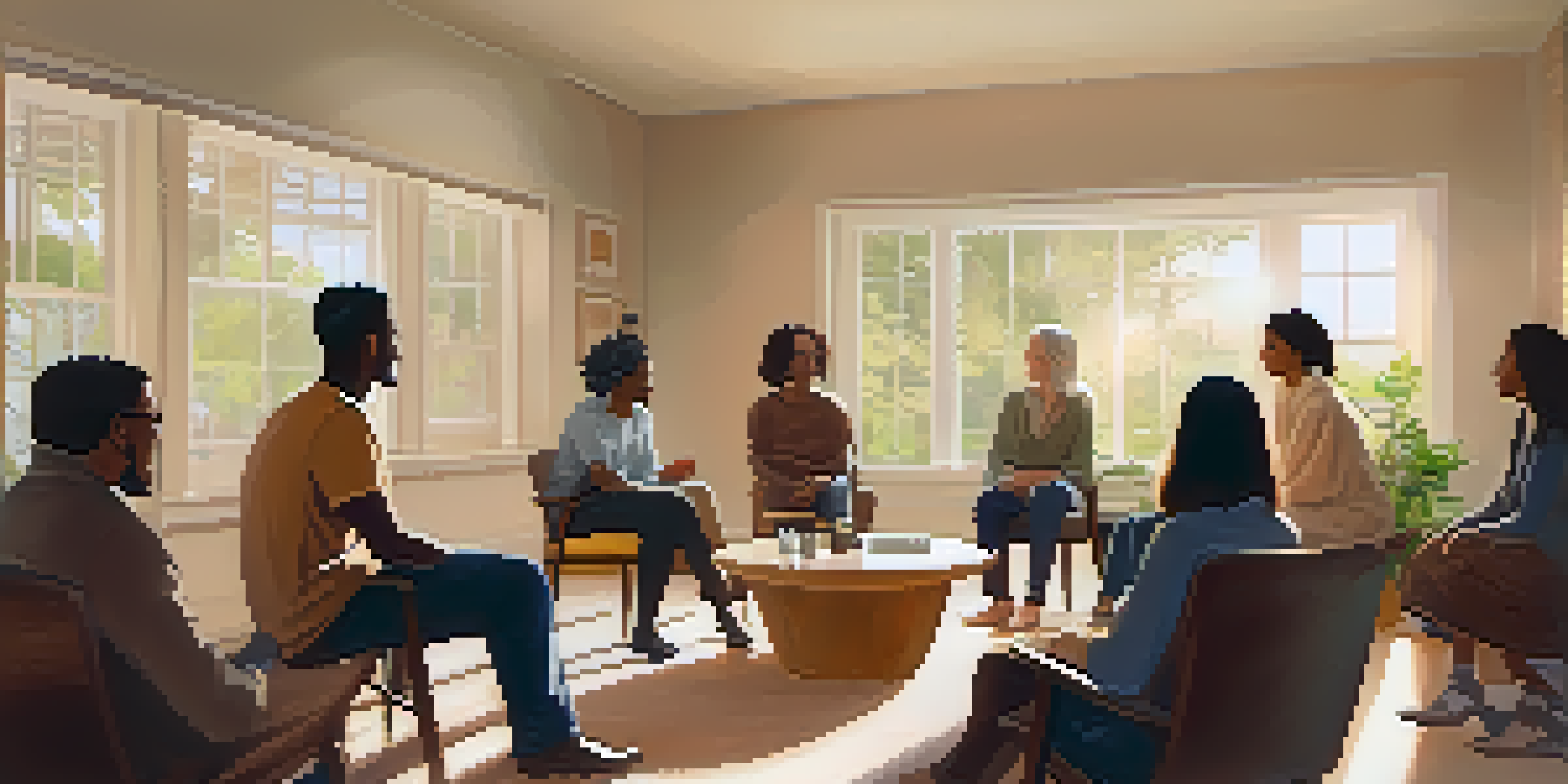 A diverse group of individuals sitting in a circle during a support group meeting in a bright, cozy room.