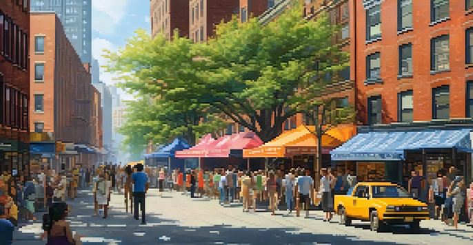 A lively urban street scene in New York City, featuring a diverse group of people at a community event with food stalls and colorful banners, surrounded by modern buildings and older brick structures.