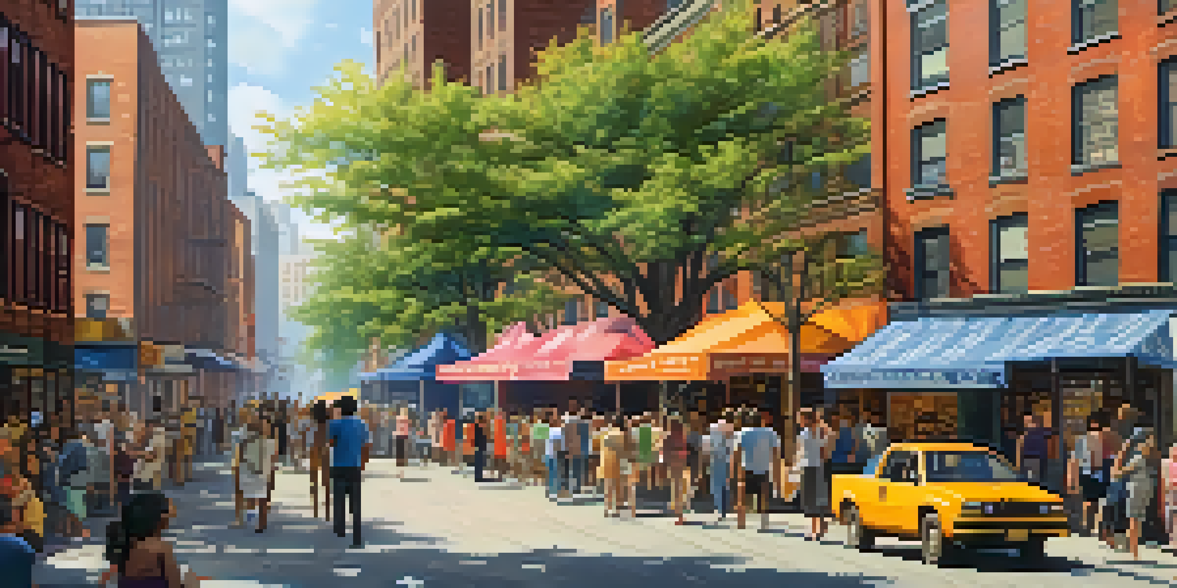 A lively urban street scene in New York City, featuring a diverse group of people at a community event with food stalls and colorful banners, surrounded by modern buildings and older brick structures.