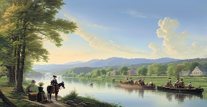 A historic scene of the Erie Canal in the 1820s with workers and wooden boats under a sunny sky.