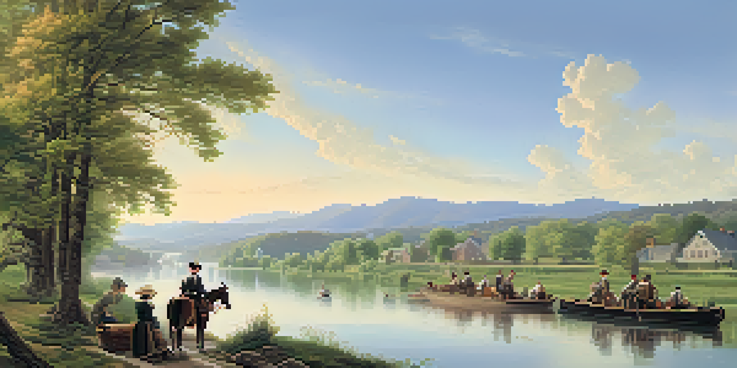 A historic scene of the Erie Canal in the 1820s with workers and wooden boats under a sunny sky.