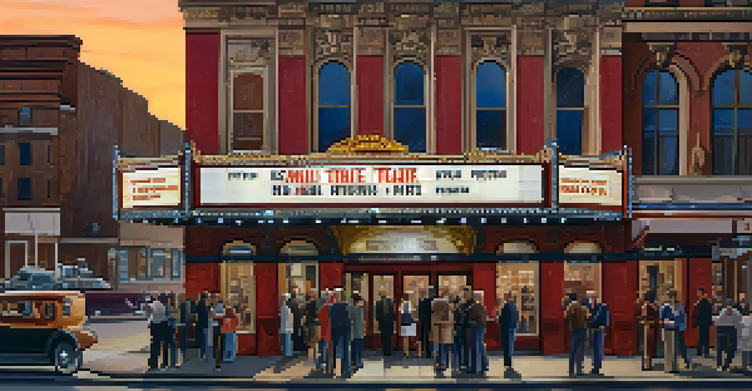 Historic small theater in Manhattan with ornate architecture and illuminated marquee at sunset.