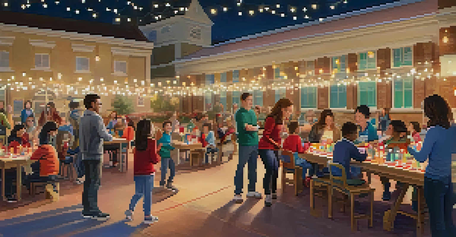 Parents and children enjoying a family night event at school with crafts and games, illuminated by soft string lights.