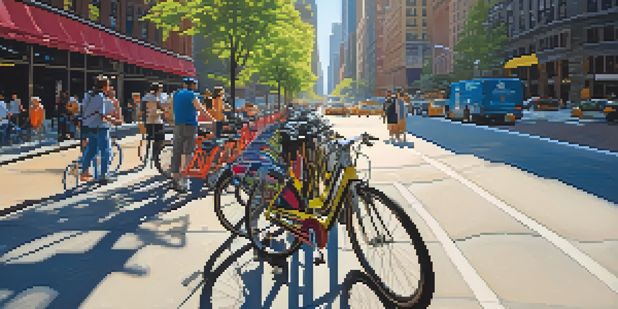 A bustling New York City street scene with a Citi Bike docking station, colorful bikes, and diverse pedestrians and cyclists.