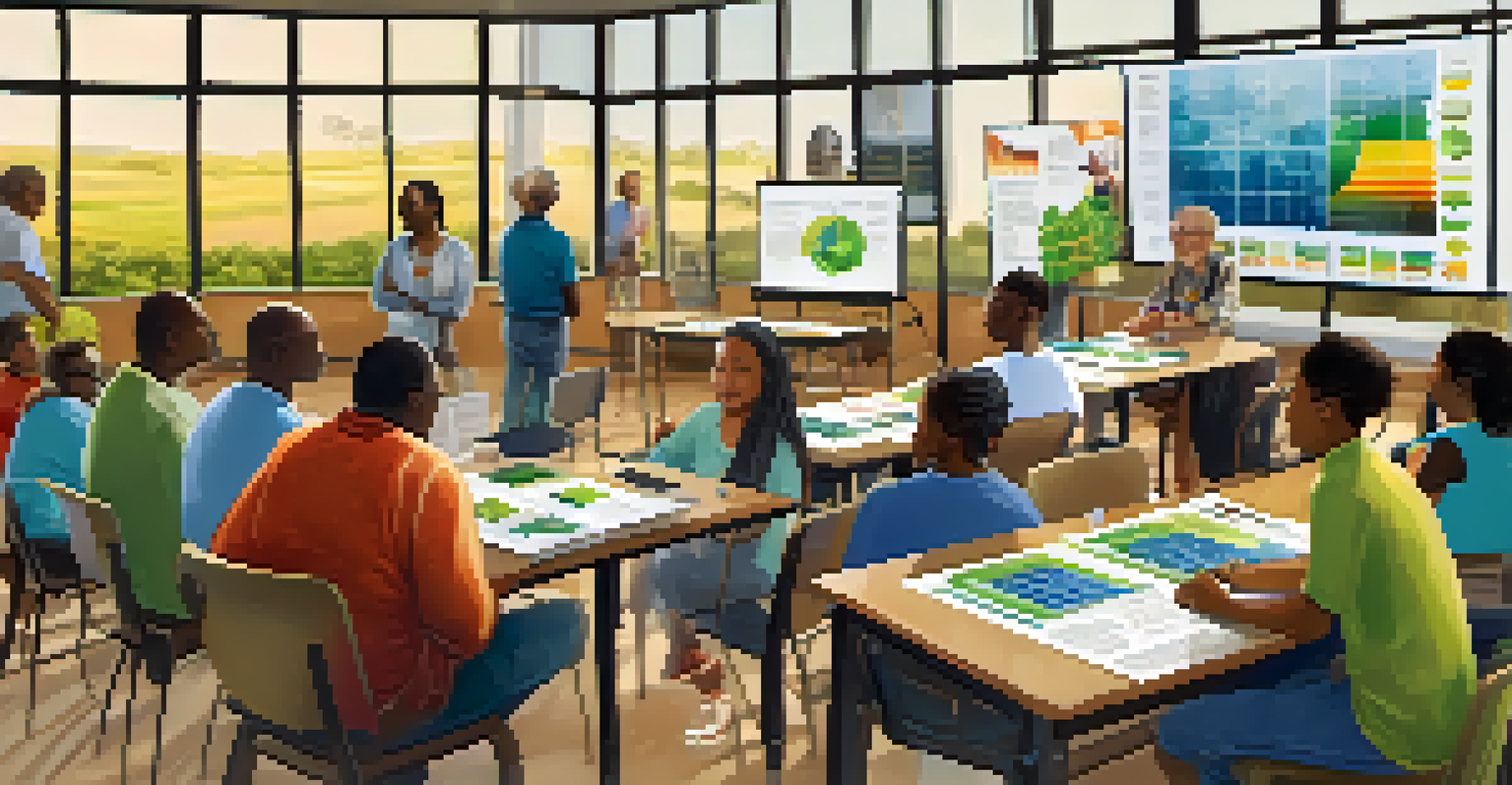 A community workshop focused on renewable energy, with diverse participants and educational materials on display.