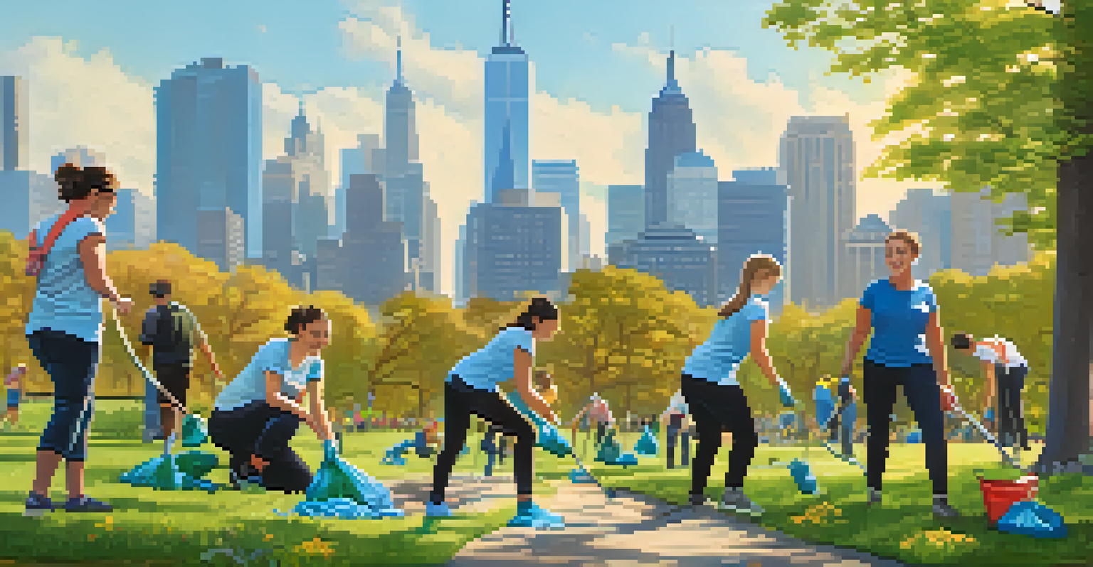 Young adults volunteering in a park cleanup event, surrounded by greenery and city buildings.