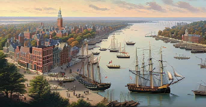 A historical depiction of 19th century Manhattan with a busy trading post along the Hudson River, featuring wooden ships and settlers in period clothing.